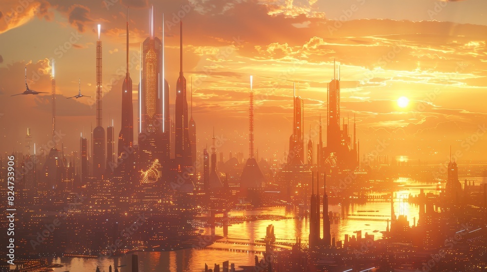The scene shows a futuristic city with tall buildings and a river running through it. The sky is a bright orange color, and the sun is setting. The scene shows a futuristic city with tall buildings and a river running through it. The sky is a bright orange color, and the sun is setting.
