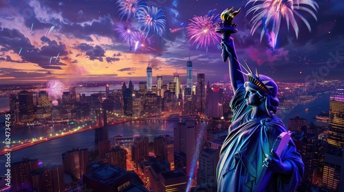 Illustration of the Statue of Liberty with an American flag and fireworks in the background. a symbol of America