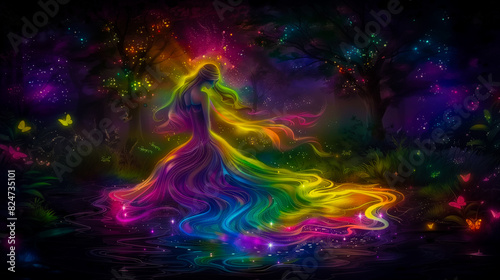 Neon fairy tale forest with luminous flowers, mystery path in dark magical woods, glowing plants and lights in wonderland. Concept of fantasy night, beauty, nature, landscape, art. Generative ai