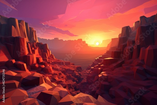 Low poly artwork, A breathtaking sunset over canyon landscape, showcasing vibrant colors and dramatic lighting of sunset