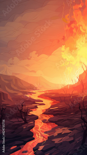 Low poly artwork, A volcanic landscape with flowing lava and fiery sunset, depicting a dramatic and intense natural scene.
