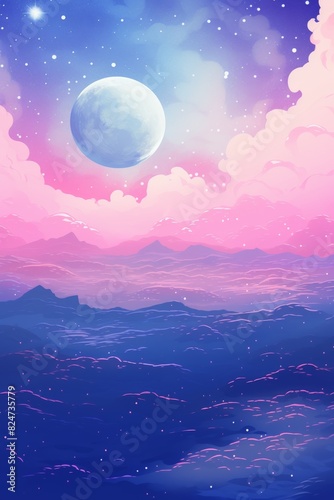 Pixel art of an dreamy fantasy landscape with a large moon and stars, featuring pastel pink and blue hues and a triadic color scheme, celestial theme.