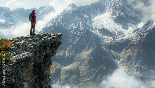 Intrepid explorer standing on a cliffs edge, gazing at a vast uncharted wilderness, close up, focus on dynamic, Composite, rugged mountain backdrop photo