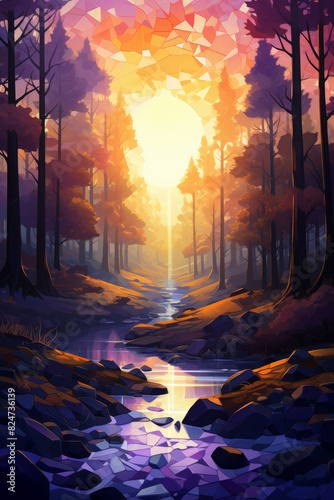 Low poly art, A mysterious forest with a glowing sunset, creating an enigmatic and secretive atmosphere.
