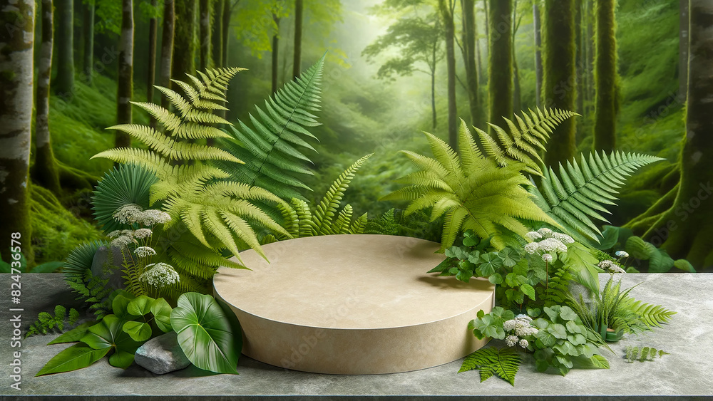 stone empty podium stand, set within the lush greenery of a summer garden stone empty podium stand, set within the lush greenery of a summer garden