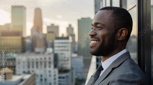 Smiling businessman in a gray suit standing on a rooftop with a city skyline in the background