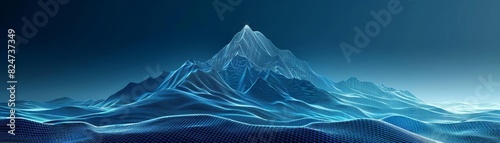 Lowpoly wireframe mountain with a summit target  deep blue tones  symbolizing the journey and challenge of achieving goals