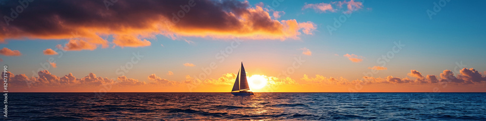 A boat with a sail sails into the sunset. Mediterranean orange sunset. Yacht sailing in an open sea at sunset.