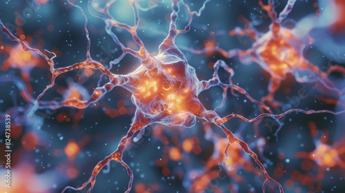 A cluster of neuron cells transferring signals to one another. Generative AI. photo