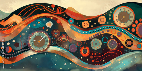 Abstract background with colorful waves and vintage clockmaking patterns. Concept of time, retro design, and artistic craftsmanship photo