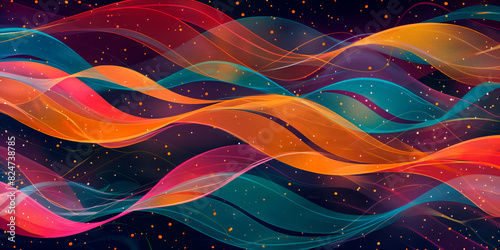 Abstract horizontal background with colorful waves and DNA helix patterns, inspired by the 60s style