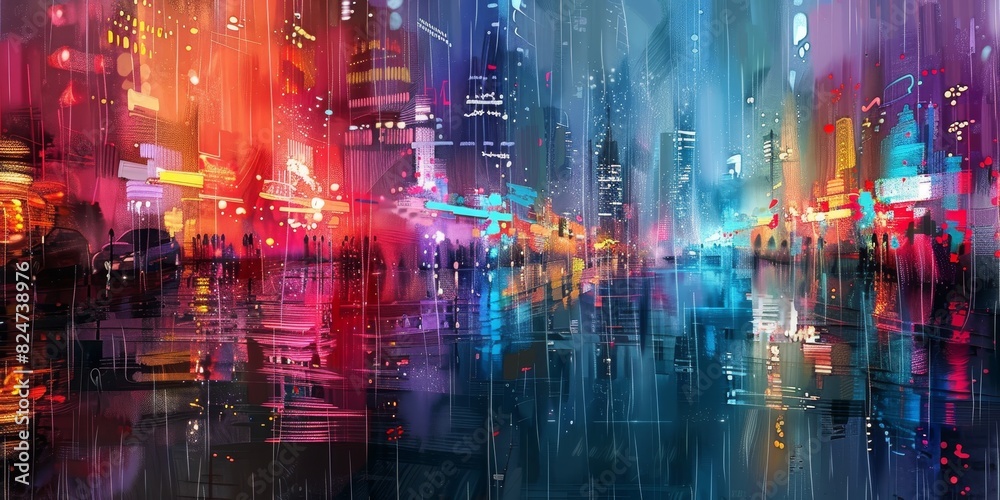 A painting of a city street with people walking and cars driving generated by AI