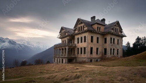 abandoned gloomy damaged mansion in mountains fog forest