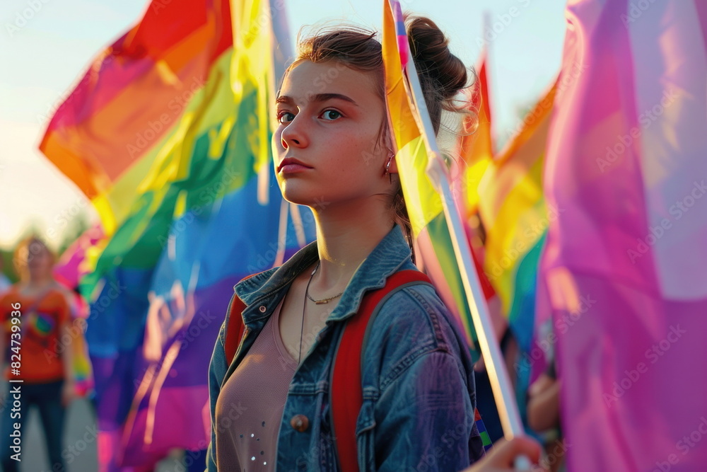 teenager holding LGBTQ flags, festival teenager holding LGBTQ flags, festival