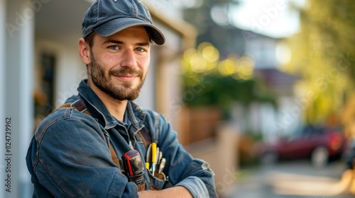 portrait of a cheerful Caucasian electrician in a uniform with a tool and a cap looking into the camera near the customer’s house