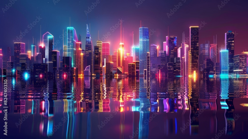 A city skyline is reflected in the water generated by AI