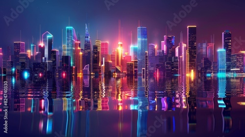 A city skyline is reflected in the water generated by AI