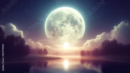 enchanting night scene by the sea  with a full moon illuminating the sky and waters below.