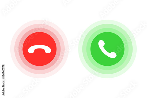 Red and green yes no buttons icon. Answer and decline symbol. Accept call and decline phone icons.