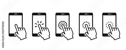 Hand touch screen smartphone icon. Click on the smartphone. Vector icon set