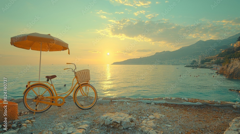 Fototapeta premium Bicycle Parked Next to Beach With Umbrella