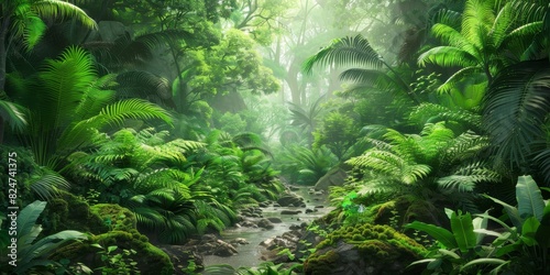 A painting of a jungle with a river running through it generated by AI