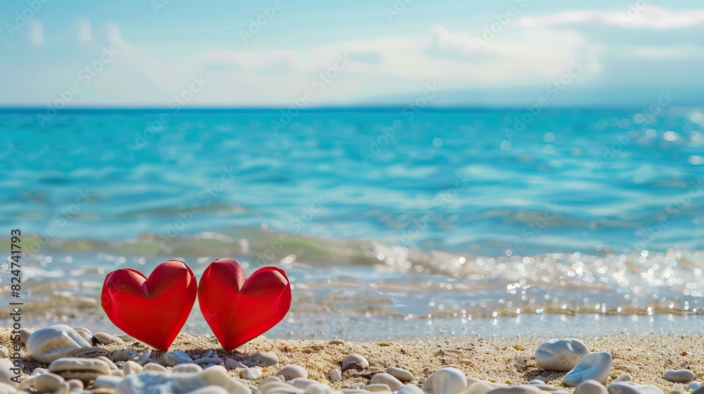 Fototapeta premium Two paper hearts on the beach. Honeymoon couple background concept