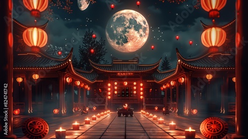 A traditional Chinese courtyard at night. The courtyard is illuminated by moonlight, with a long table in the center adorned with red candles and traditional Chinese fans. Generative AI.