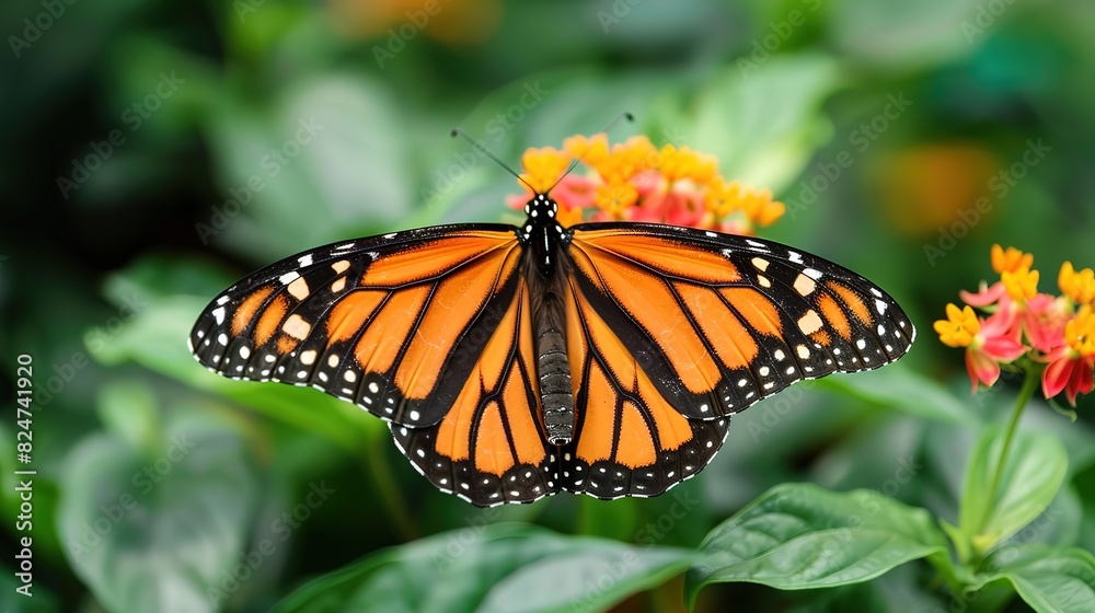 Superb Monarch butterfly (Danaus plexippus) resting on a flowering plant in a butterfly pavilion Superb Monarch butterfly (Danaus plexippus) resting on a flowering plant in a butterfly pavilion