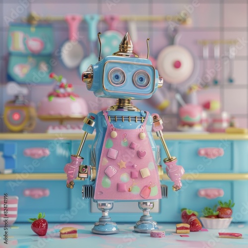 3D Baker Bot Robot A cheery robot wearing an apron, ready to assist with baking delicious treats, AI Generative