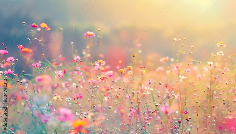 Morning sunlight on a meadow, focus on, tranquil scene, vibrant, overlay, countryside backdrop