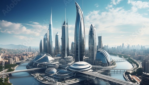 A futuristic city with sleek skycrapers and technology 