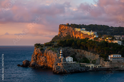 Sunset view of Sa Creu old lighthouse, Port de Soller, Majorca, Balearic Islands, Spain

 photo