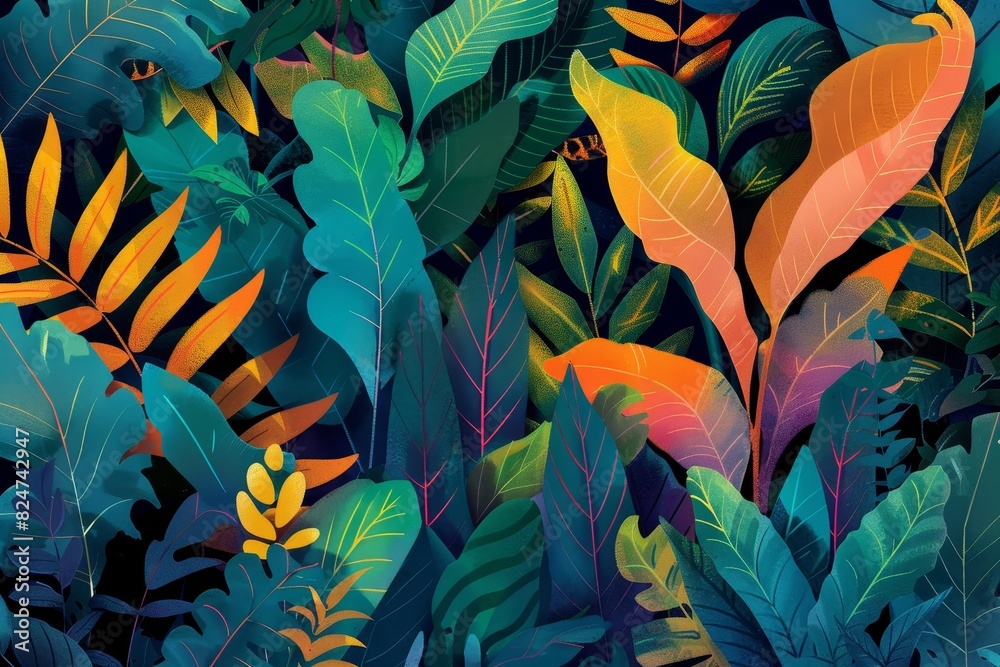 A painting of a jungle with many different colored leaves generated by AI A painting of a jungle with many different colored leaves generated by AI