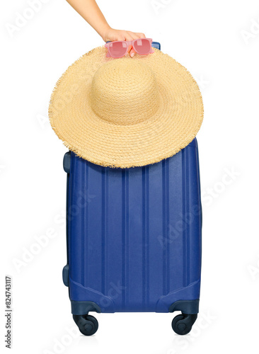 Suitcase,Straw hat  and sunglasses isolated on transparent background. Travel concept