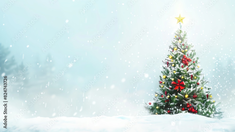A beautifully decorated Christmas tree stands in a snowy landscape, adorned with lights, ornaments, and a star on top, creating a festive atmosphere. A beautifully decorated Christmas tree stands in a snowy landscape, adorned with lights, ornaments, and a star on top, creating a festive atmosphere.