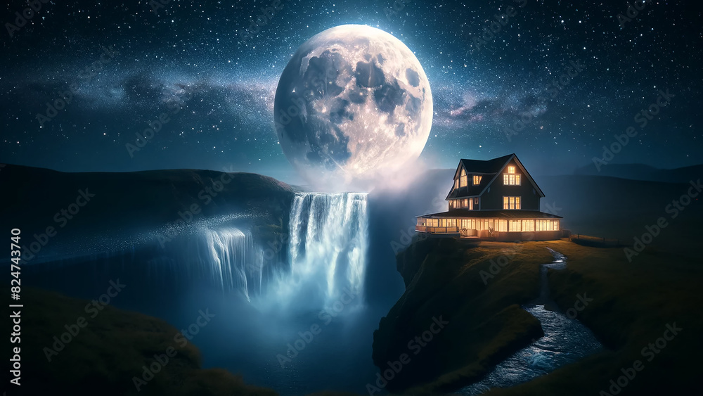 house perched precariously waterfall, with a starry sky and an unusually large super moon