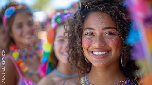 Diverse teens, including a ladyboy, in bright clothing, celebrating Pride Month with flags and smiles