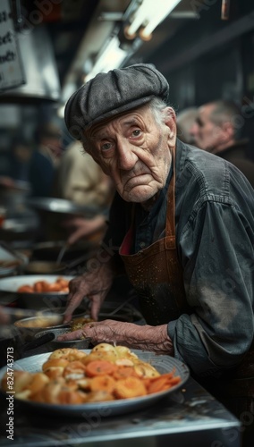 Elderly helper volunteering at a soup kitchen, serving meals with warmth and compassion