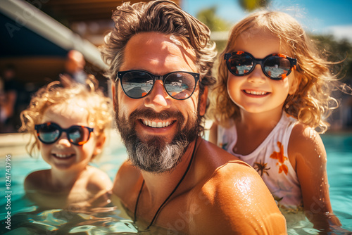 Dos niños con su papá se divierten nadando en la piscina del resort durante las vacaciones de verano. Actividades en familia bajo el sol.