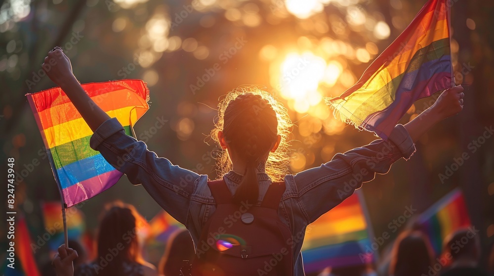 Teens with rainbow flags, expressing happiness and diversity during a Pride Month celebration at golden hour