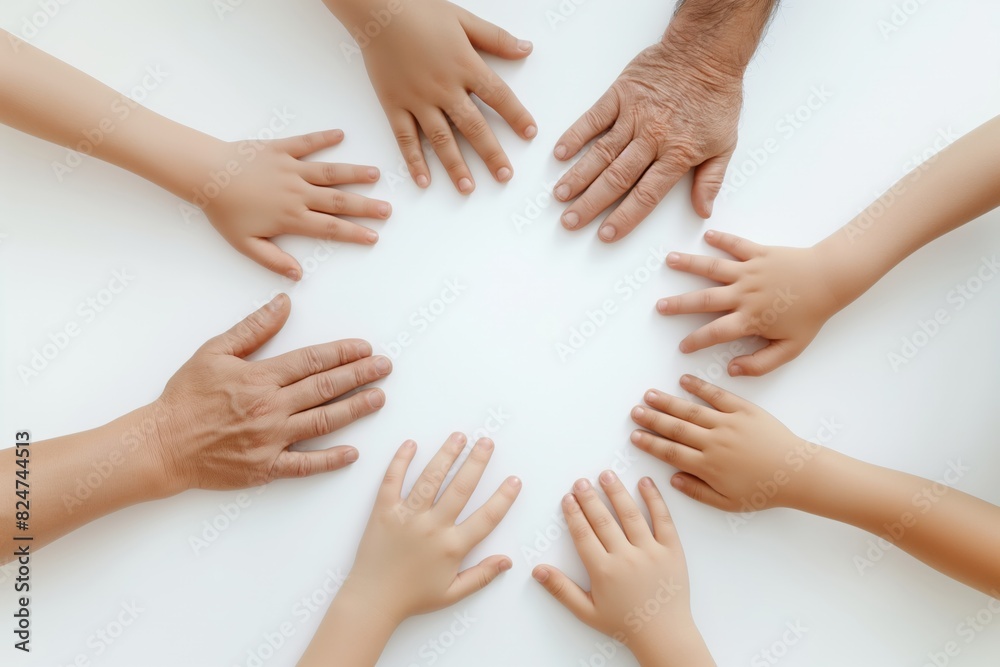 Obraz premium Top view image depicting a circle of diverse hands, ranging from elderly to children, symbolizing unity, family bonds, and generational connection on a neutral background