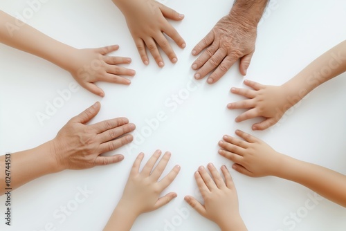 Top view image depicting a circle of diverse hands, ranging from elderly to children, symbolizing unity, family bonds, and generational connection on a neutral background photo