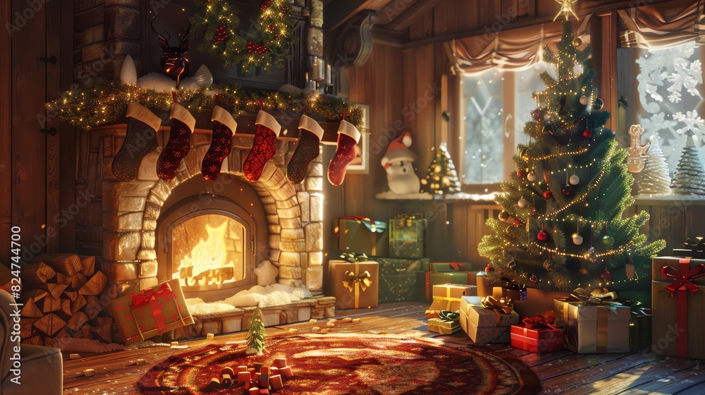 Cozy Christmas living room with decorated tree, gifts, and stockings by the fireplace. Festive holiday atmosphere with warm light and snow outside.