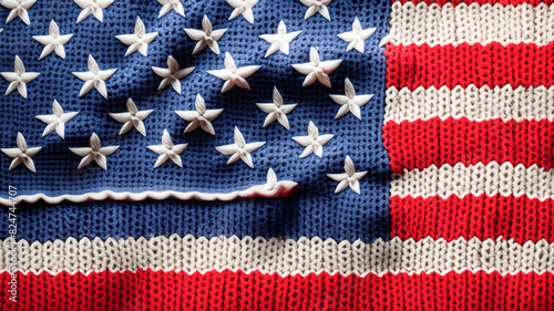 A digitally generated image of the American flag, meticulously crafted to appear knitted with yarn in a stockinette stitch. Created using AI, this detailed design showcases the patriotic red, white, a
