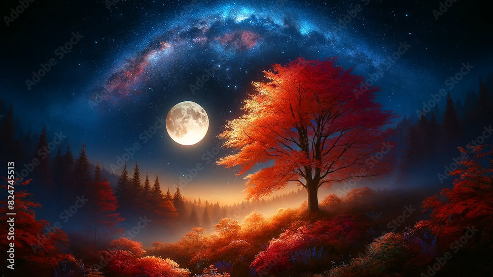 autumn night, maple tree in peak fall coloration stands boldly against a backdrop of a full moon autumn night, maple tree in peak fall coloration stands boldly against a backdrop of a full moon