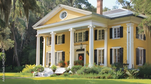 Craft man house exterior in soft yellow paint and white columns © coco