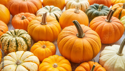 Various fresh ripe pumpkins as background. Organic farm product. Autumn harvest. Fall season.