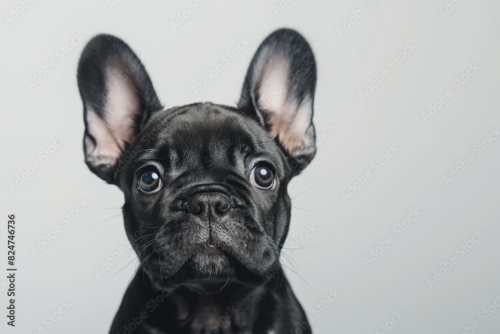 Close-up portrait of a cute black french bulldog puppy with large perky ears and soulful eyes, isolated against a clean white background, perfect for pet-themed designs and content