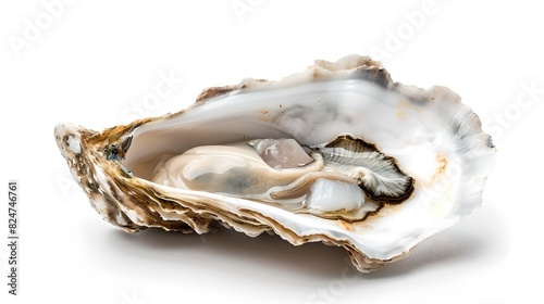 Open oyster shell displaying its intricate interior design with beautiful textures and colors. Nature photography, seafood imagery, perfect for culinary or marine-themed uses. AI